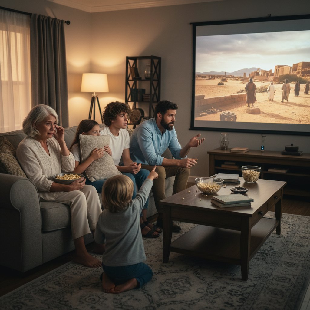 Family of diverse ages and backgrounds watching a biblical film together, showing varied emotional reactions and engagement