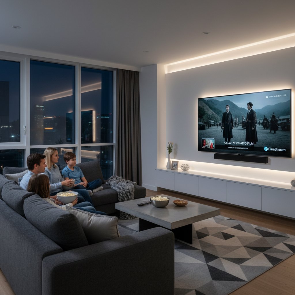 Family watching Oscar-nominated film on streaming TV, showing modern movie night