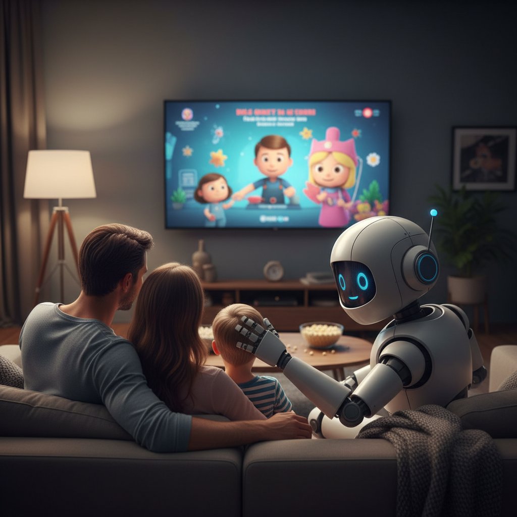 Rodzina oglądająca telewizję, a obok na sofie siedzi humanoidalny robot