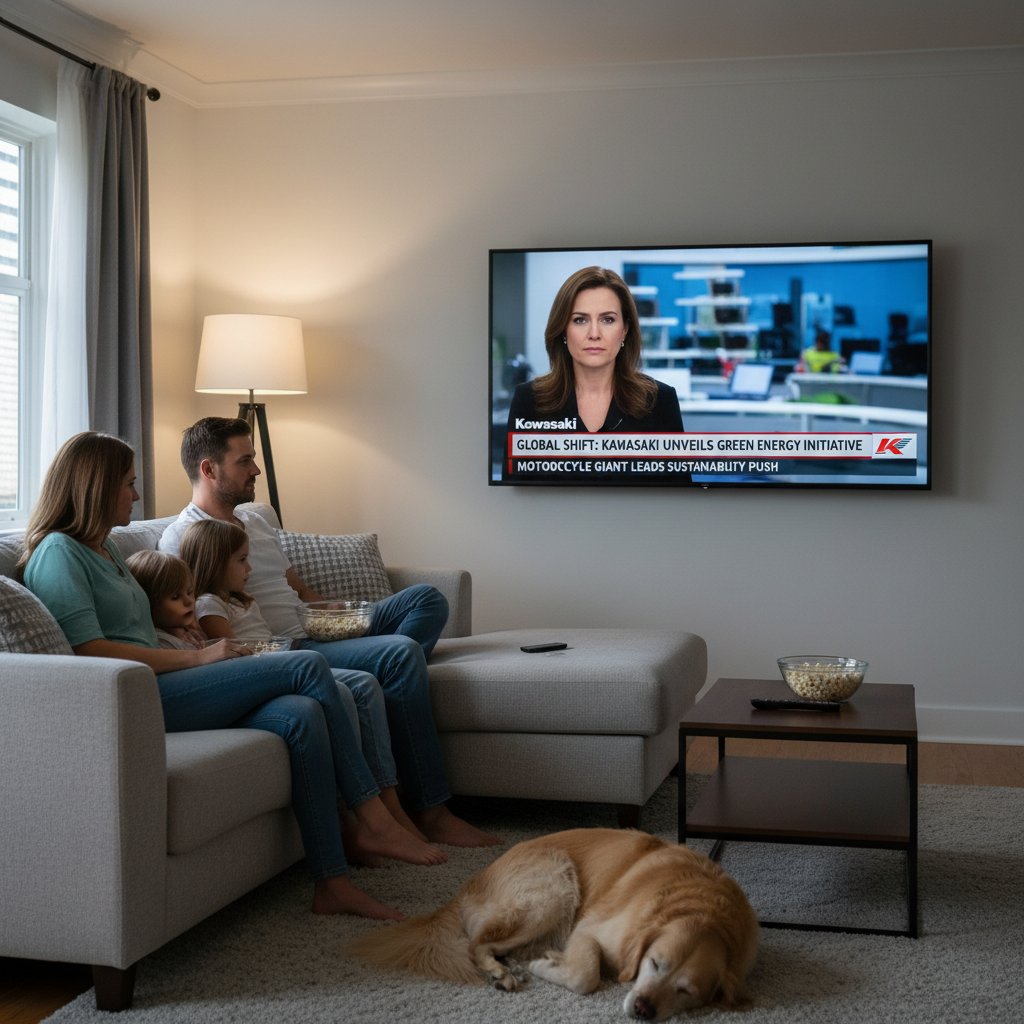 Rodzina ogląda wiadomości w telewizji, na ekranie widoczny nagłówek o chorobie kawasaki – dezinformacja w mediach