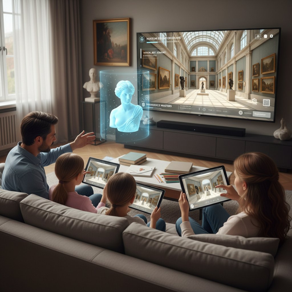 Rodzina oglądająca wirtualną wystawę dzieł sztuki na ekranie, edukacja muzealna online