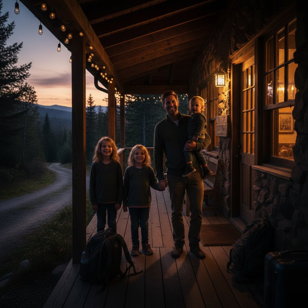 Rodzina z dziećmi wchodzi do przytulnego pensjonatu o zmierzchu po szybkiej rezerwacji noclegu