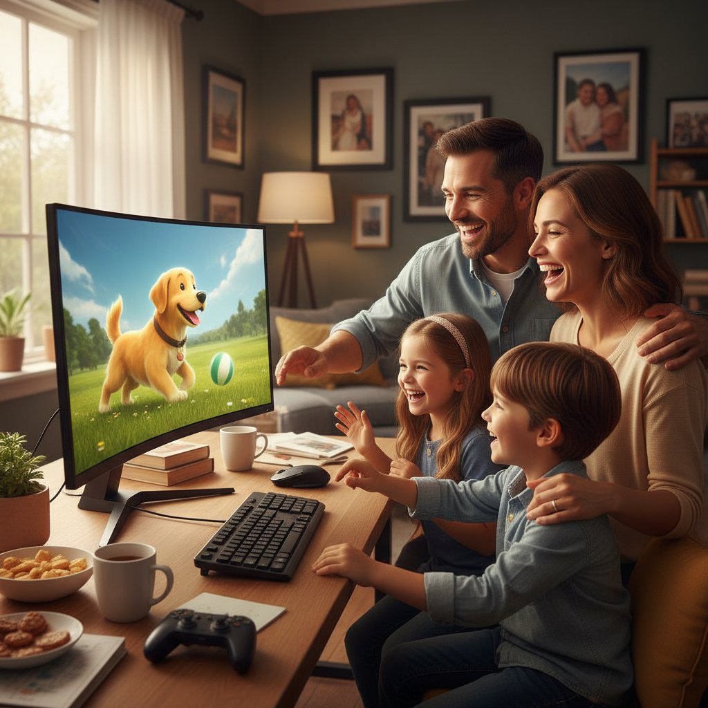 Rodzina siedzi razem przed komputerem, wspólnie opiekują się wirtualnym psem, przyjazna atmosfera