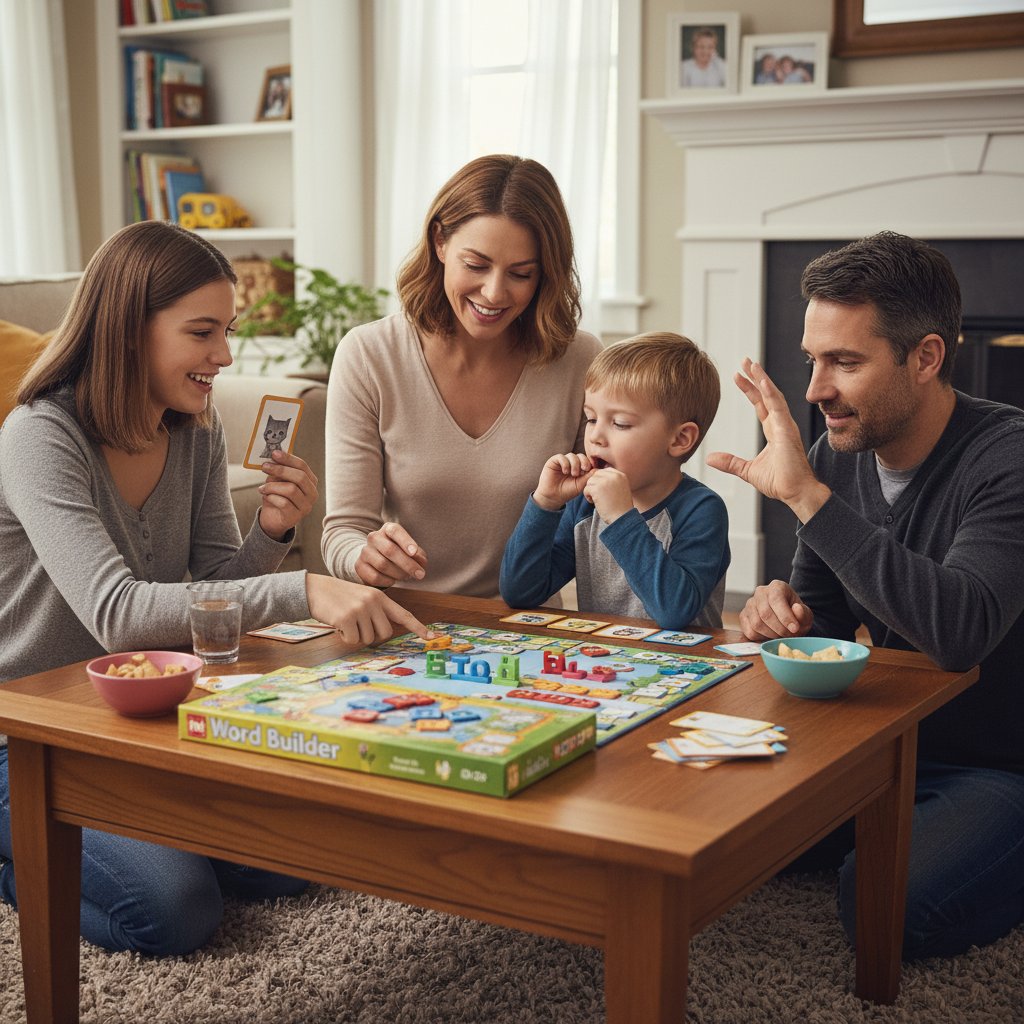 Rodzina bawiąca się grą słowną przy stole