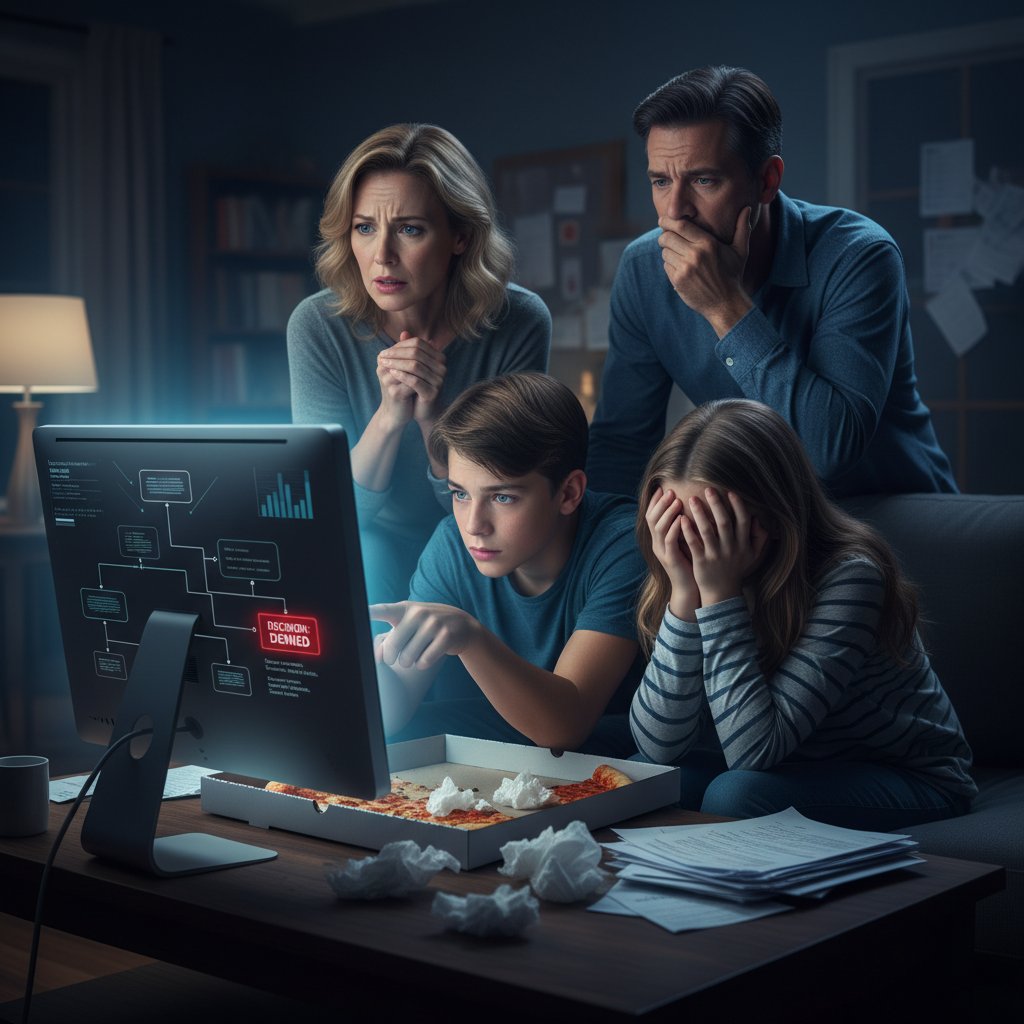 Rodzina przed komputerem, zmartwiona konsekwencjami błędnej decyzji algorytmu
