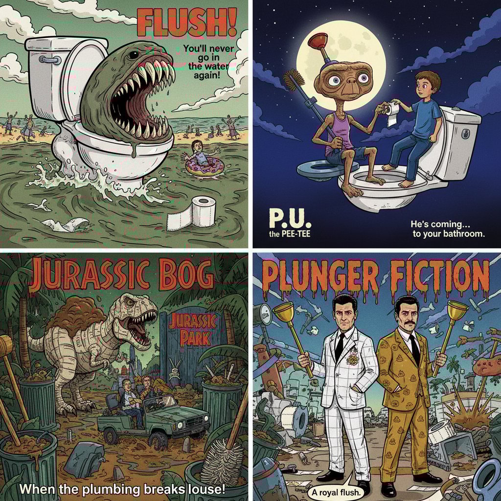 Famous toilet humor movie posters in a bold, irreverent collage