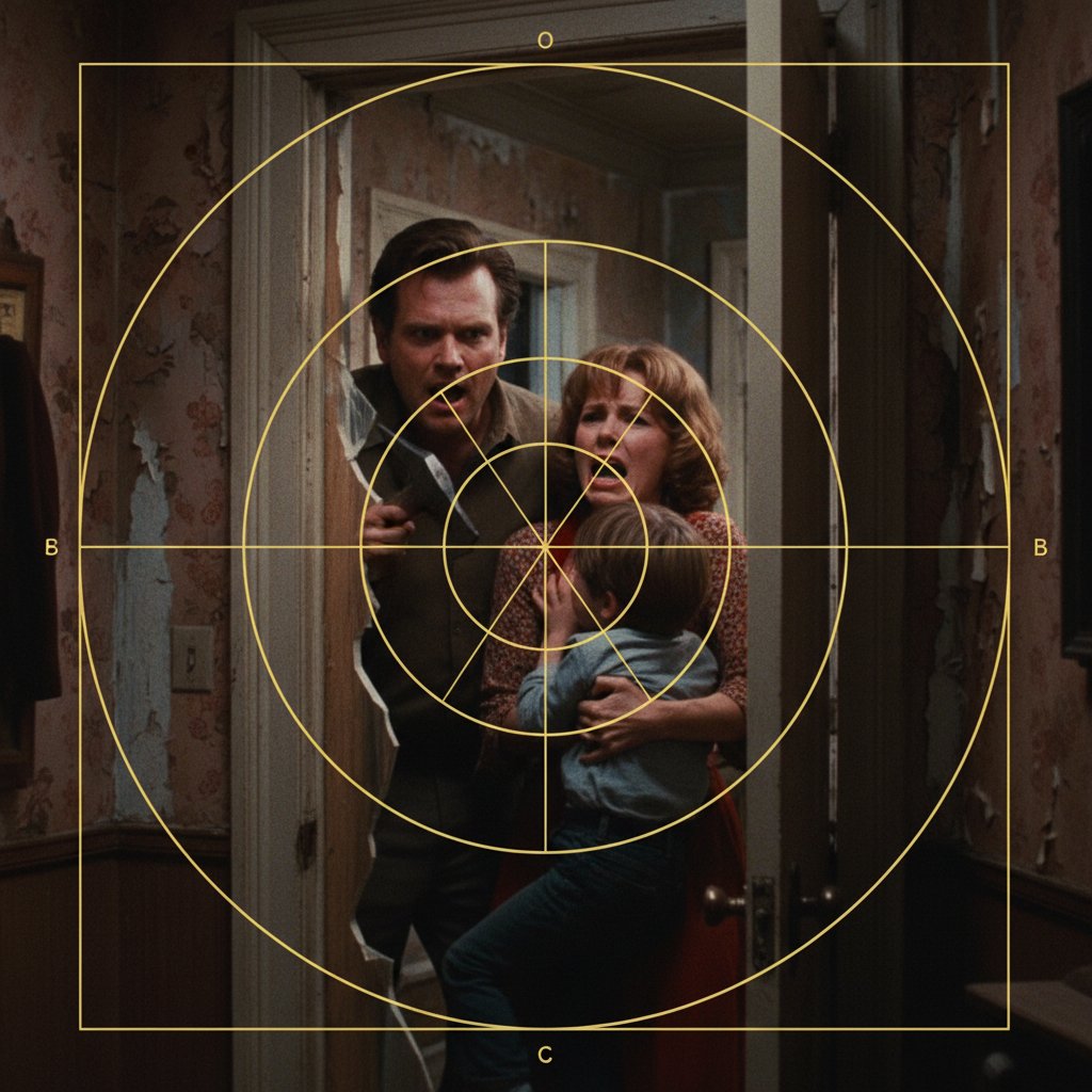 Side-by-side comparison of a famous movie frame with accurate and inaccurate golden ratio overlays, debunking composition myths
