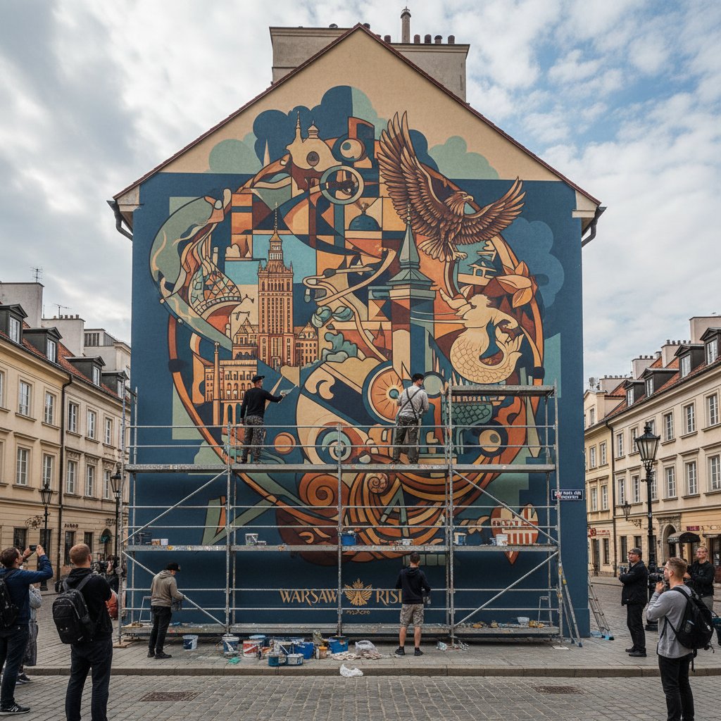 Artysta malujący mural w Warszawie