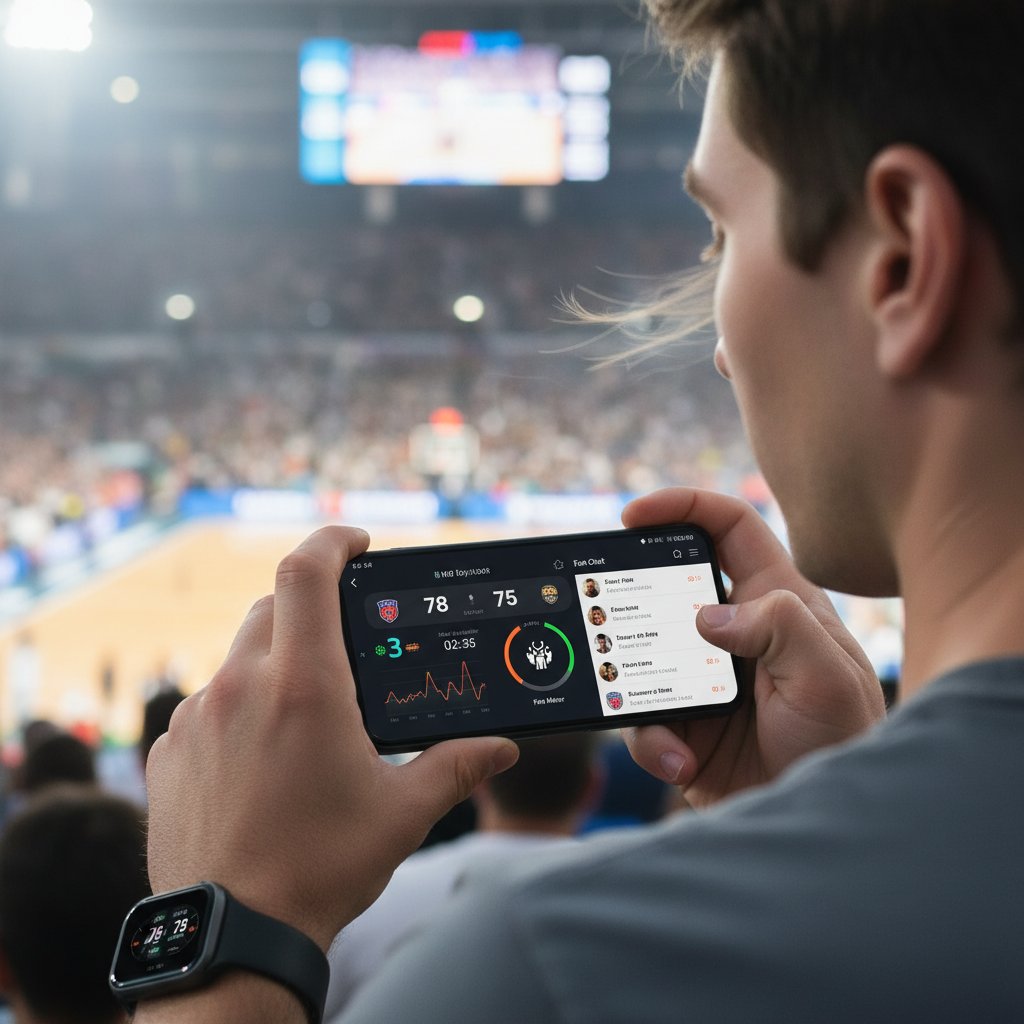 Kibic korzystający z zegarka sportowego i aplikacji mobilnej podczas meczu