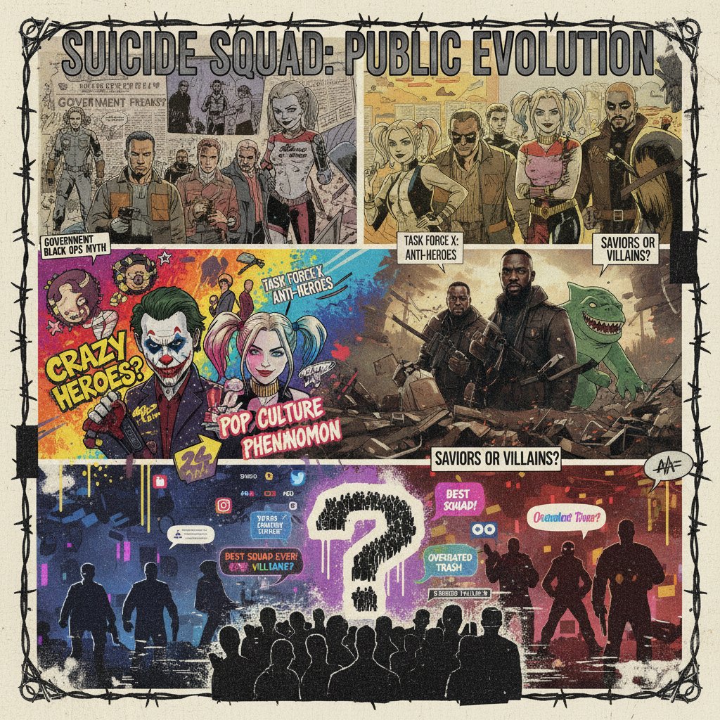 Fan art collage showing evolving public opinion of Suicide Squad movies through the years