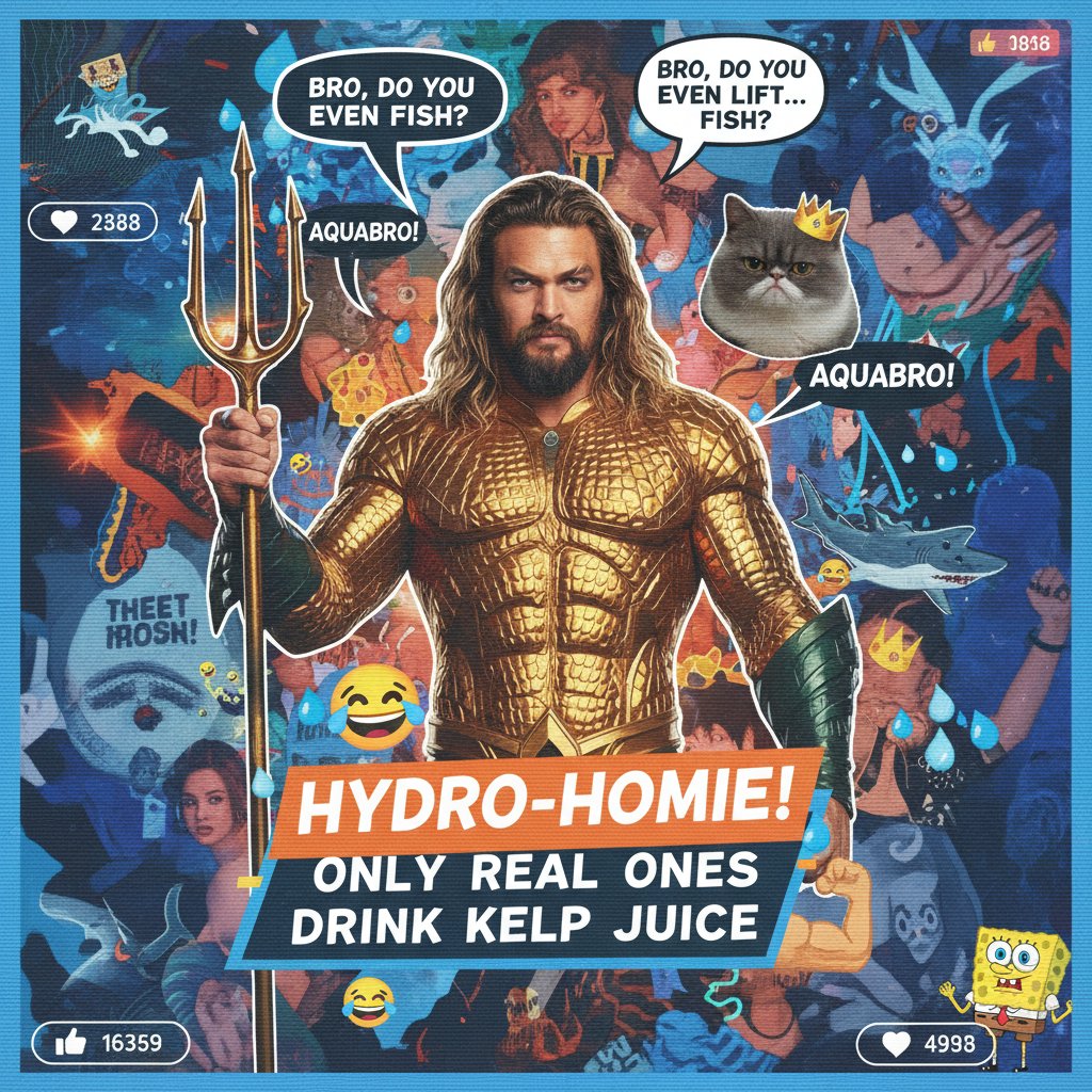 Fan-made Aquaman meme collage, vibrant, chaotic, digital culture aesthetic