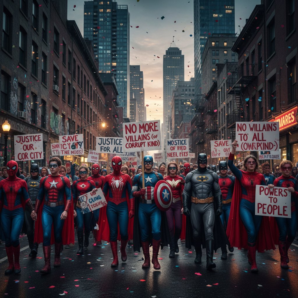 Fans dressed as superheroes holding protest signs, justice league movies fan movement, urban protest scene
