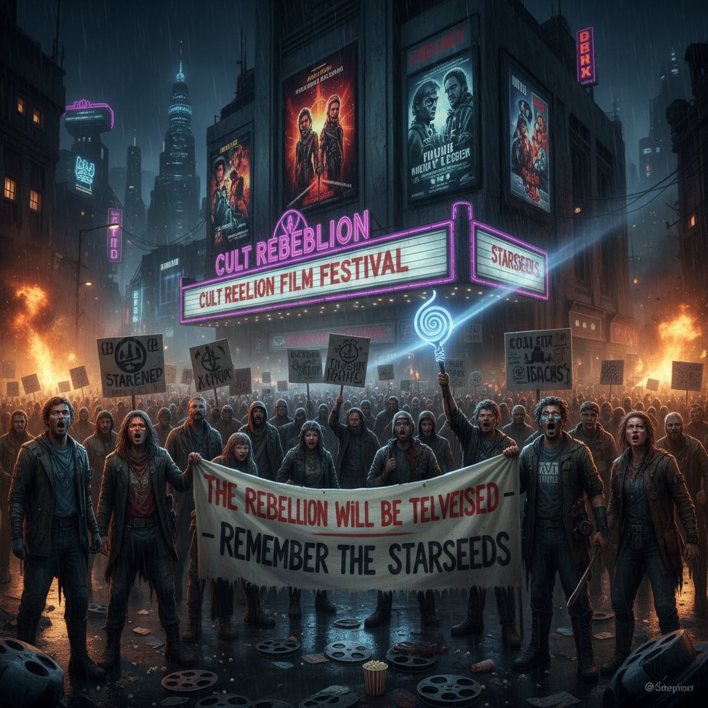 Fans rallying in tribute to a rebellion movie, protest rally with film symbols, rebellion movies legacy