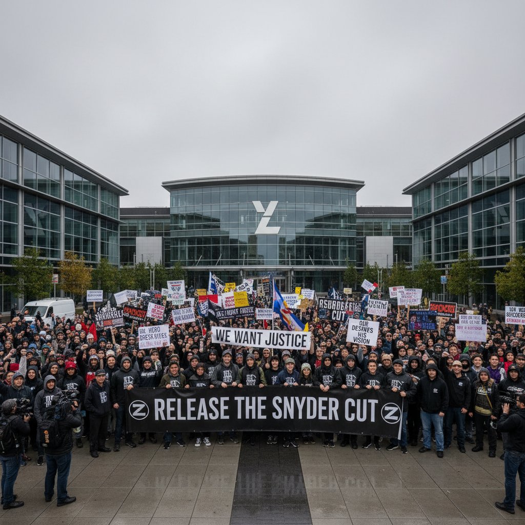 Snyder Cut supporters at protest, fans with banners in front of studio building, overcast sky