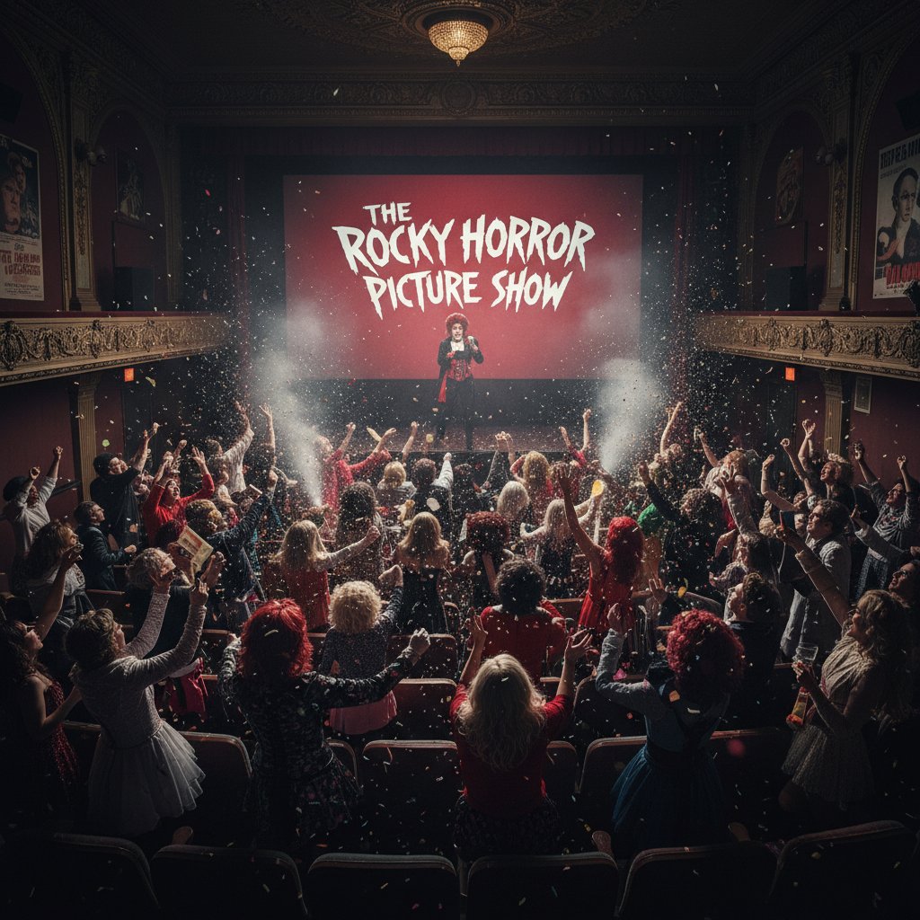 Fans in costume at midnight screening of cult movie