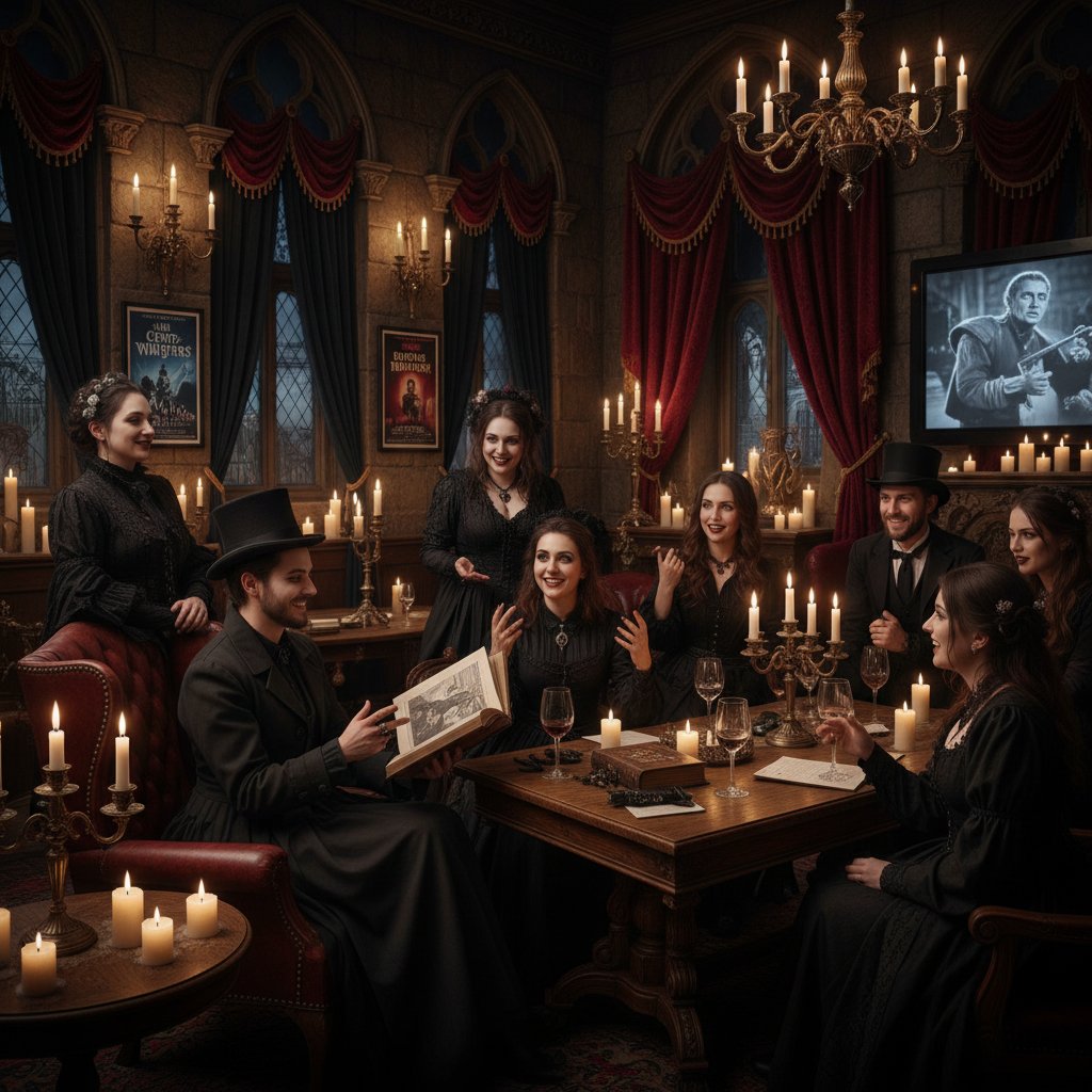 Fans at a gothic horror film festival, discussing their favorite movies in a lively, candlelit lounge