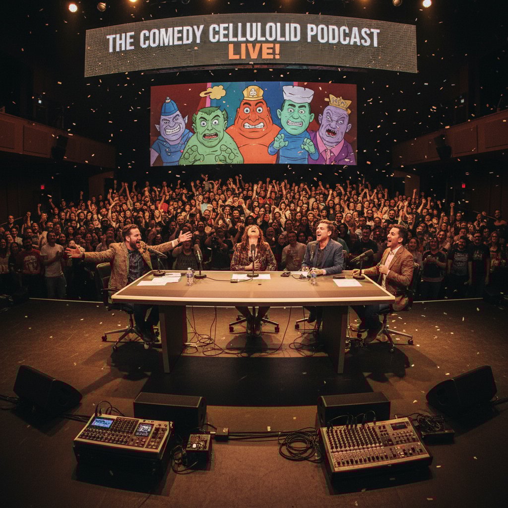 Live audience at comedy movie podcast event, fans at live podcast taping, comedy cinema podcast