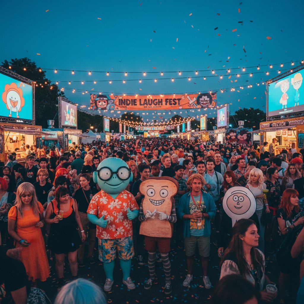Diverse group of fans cosplaying 2D comedy characters at a vibrant indie film festival