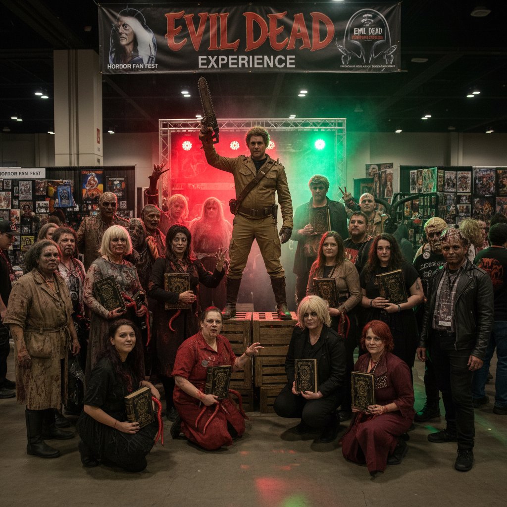 Fans dressed as Evil Dead characters at horror convention, energetic crowd, horror fandom