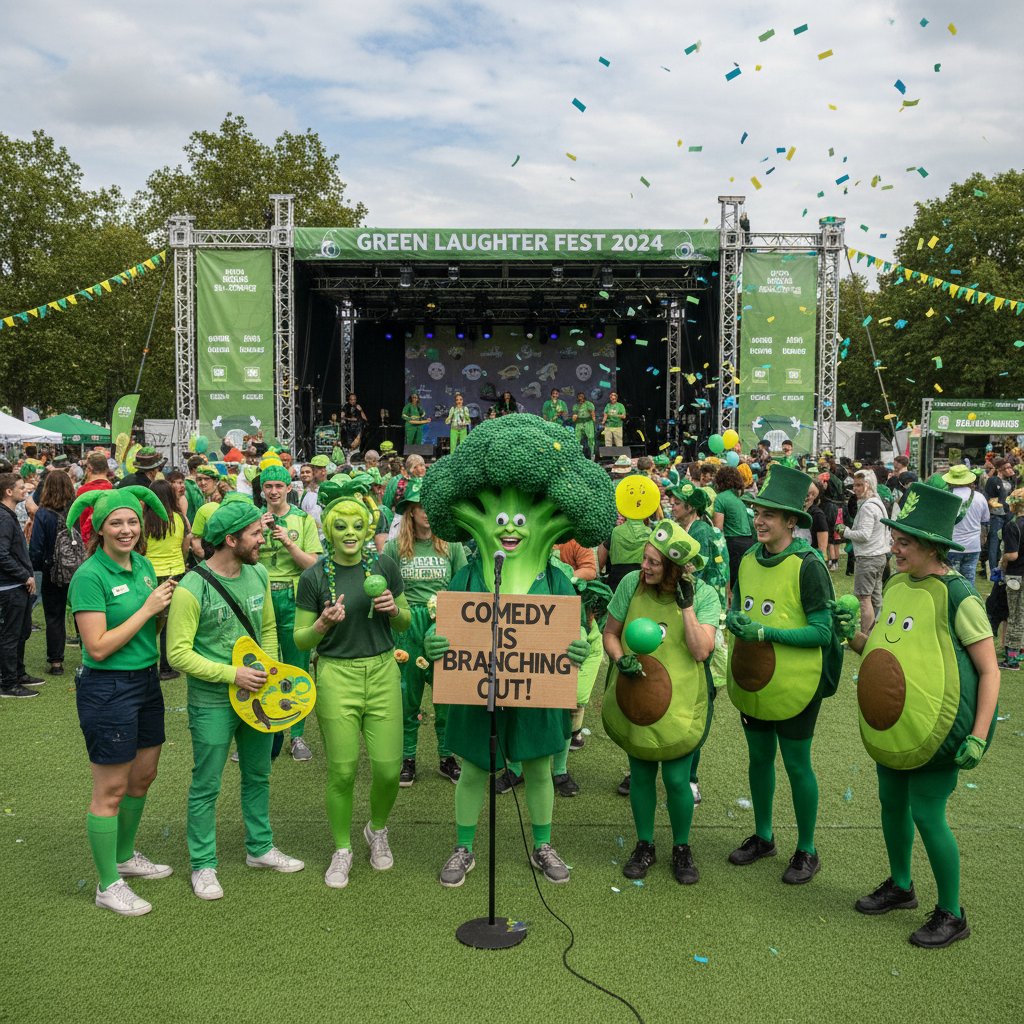 Fans in green comedy cosplay, festival scene, celebrating movie green comedy movies