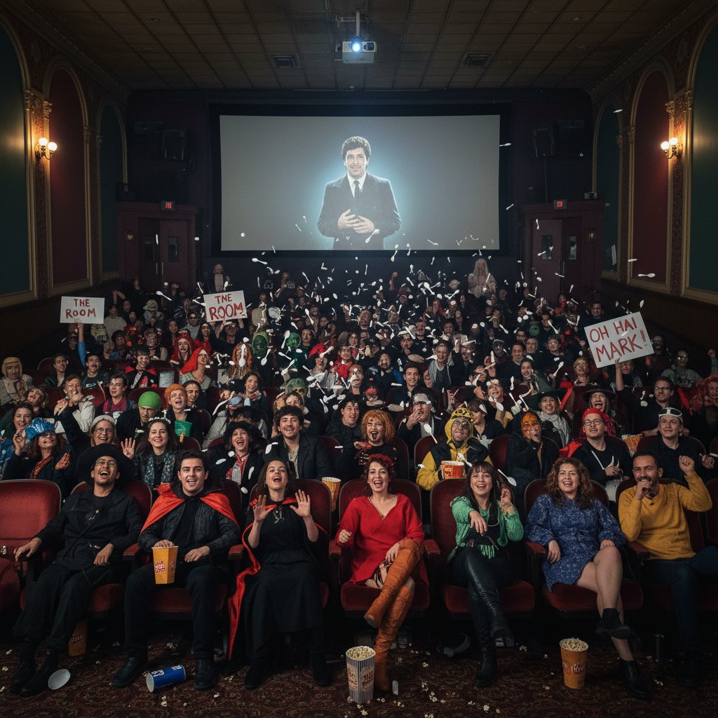 Fans in costume throwing spoons at midnight movie screening