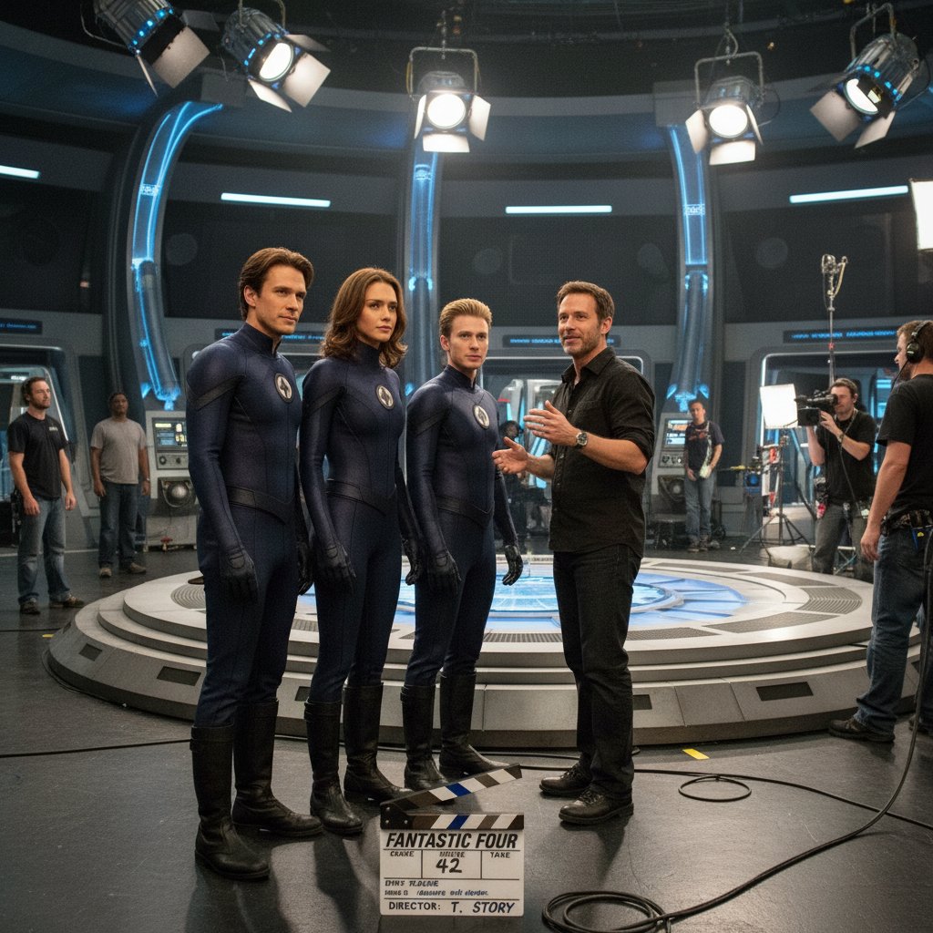 Behind-the-scenes of the 2005 Fantastic Four cast preparing for a scene, in their iconic costumes
