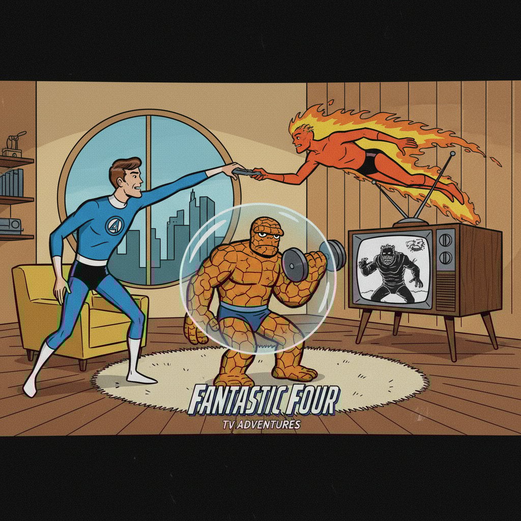 Pop-art style collage of Fantastic Four references in cartoons, games, and TV, highlighting cultural influence