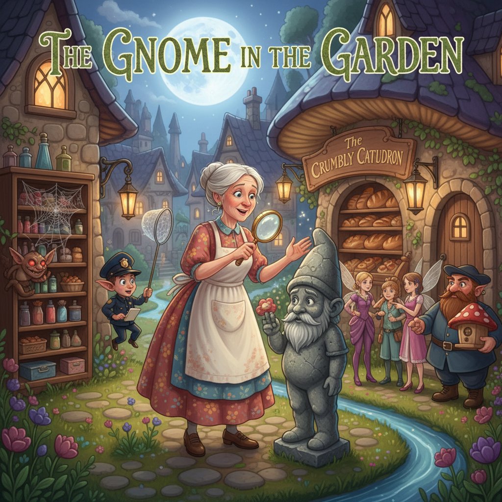 Fantasy-inspired cozy mystery film still, combining detective and magical elements