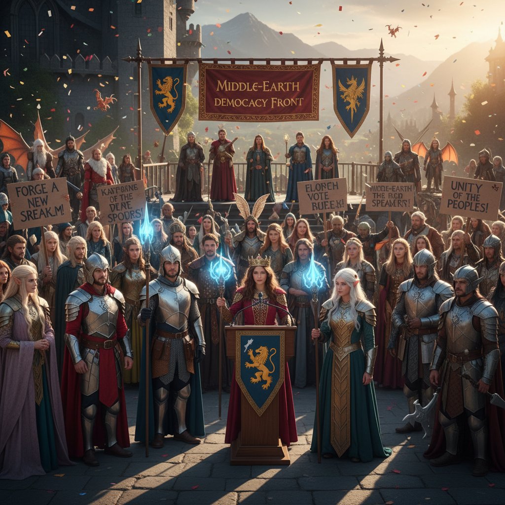 Fans using fantasy cosplay to make a statement at a rally, showing the political impact of fantasy movies