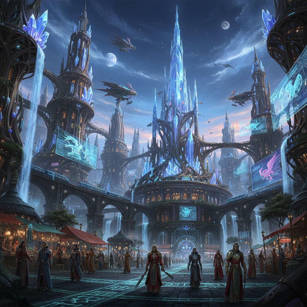 A futuristic cityscape inspired by fantasy worlds, showing the influence of fantasy movies on culture and technology