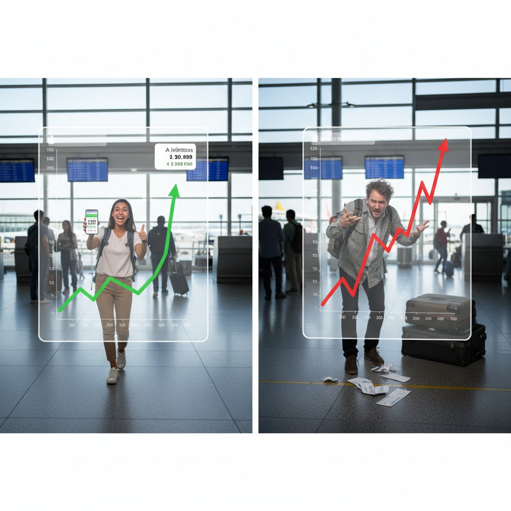 Split-screen photo: Joyful traveler celebrating flight savings vs. frustrated traveler after fare hike, illustrating fare trend analysis impact