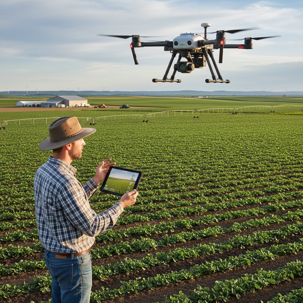 Rolnik korzystający z tabletu na polu podczas monitorowania plonów przez drona