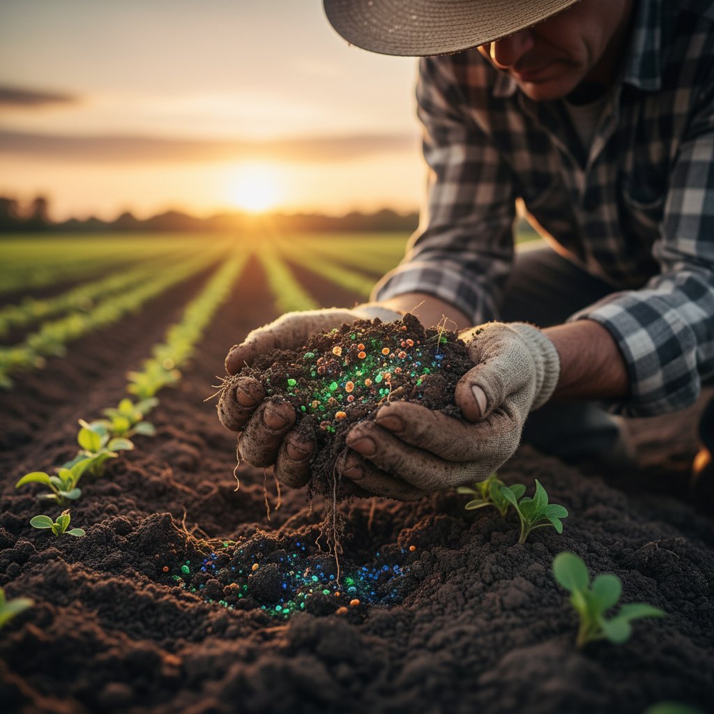 Rolnik w polu, stosujący bakterie do poprawy jakości gleby