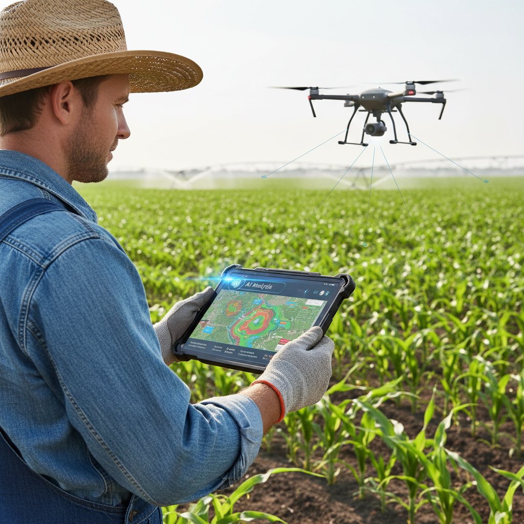 Rolnik korzystający z tabletu do monitoringu upraw za pomocą AI