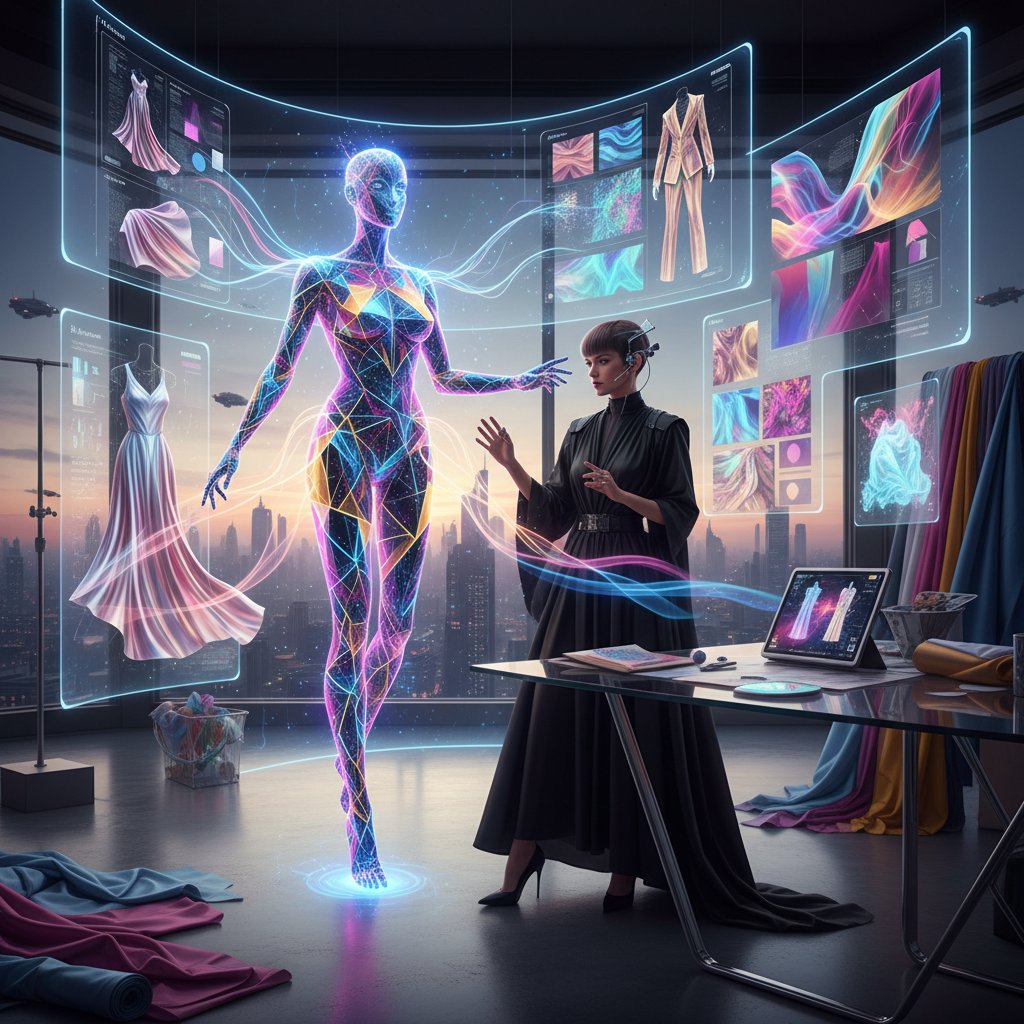 Fashion designer consulting with a digital AI assistant on a creative concept, tension and inspiration
