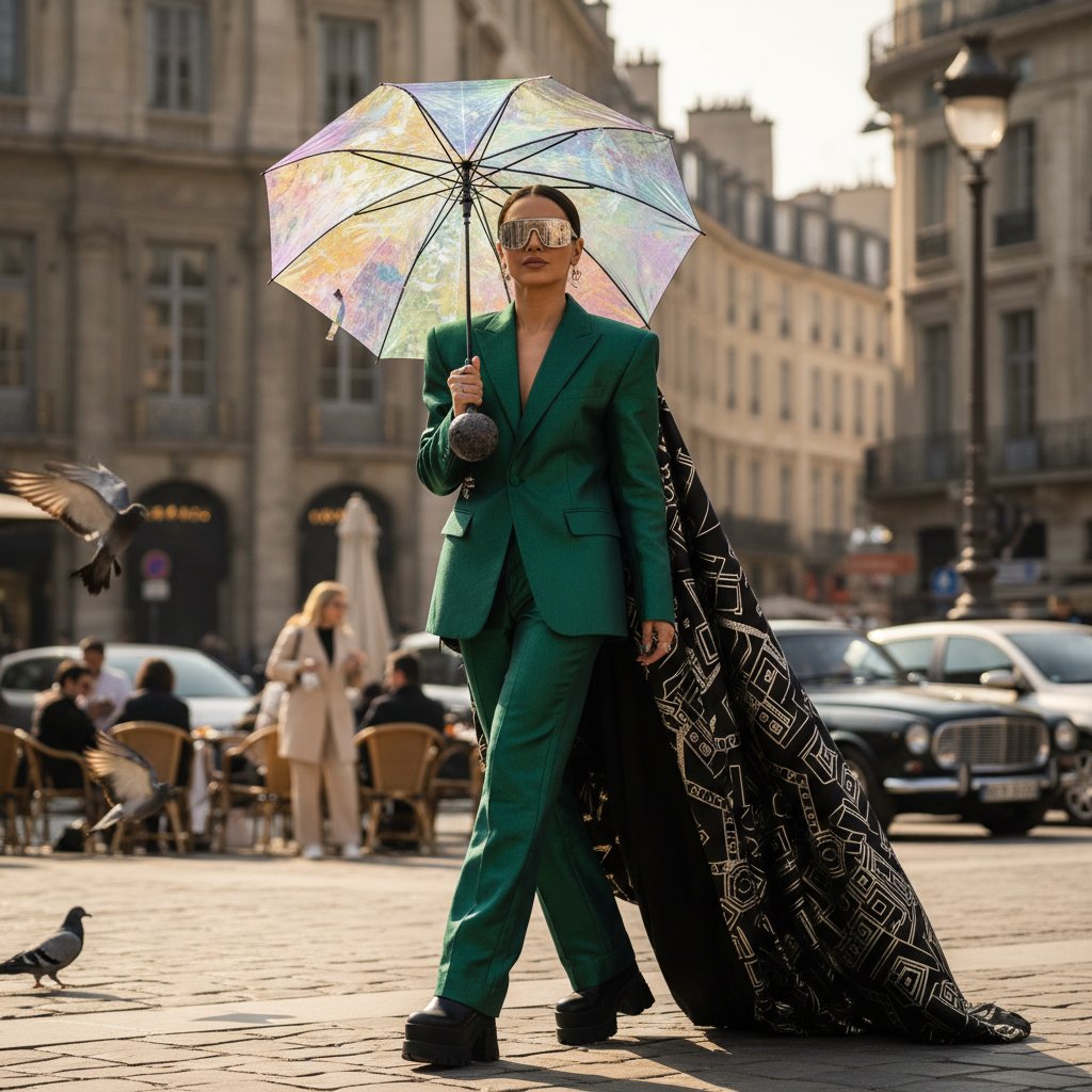 Stylowa osoba z designerskim parasolem na ruchliwym miejskim placu, emanująca pewnością siebie