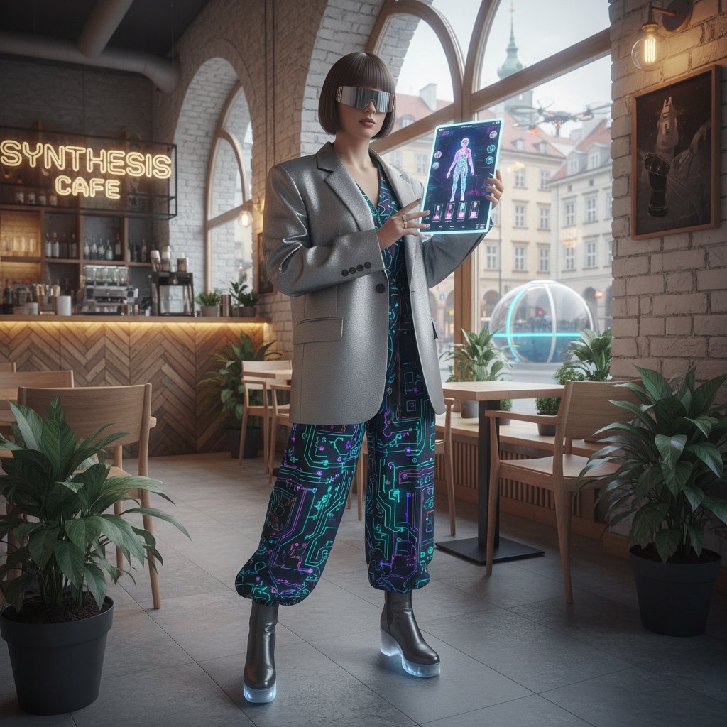 Osoba korzystająca z aplikacji AI do stylizacji w warszawskiej kawiarni, modny styl, nowoczesność, technologia i moda