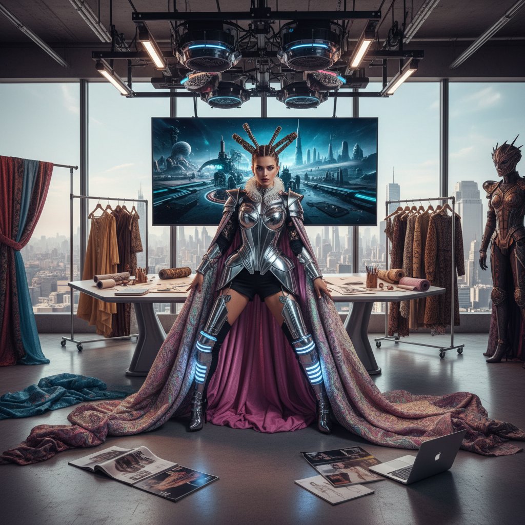 A fashion influencer and a movie costume designer comparing outfits in a trendy studio