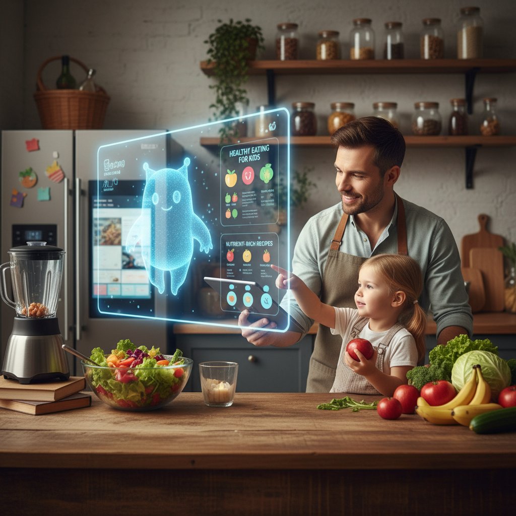 Ojciec z dzieckiem korzystający z AI asystenta w kuchni