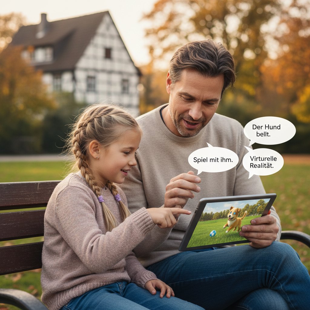 Ein Vater erklärt seiner Tochter am Tablet die App eines virtuellen Hundes, beide wirken konzentriert und interessiert