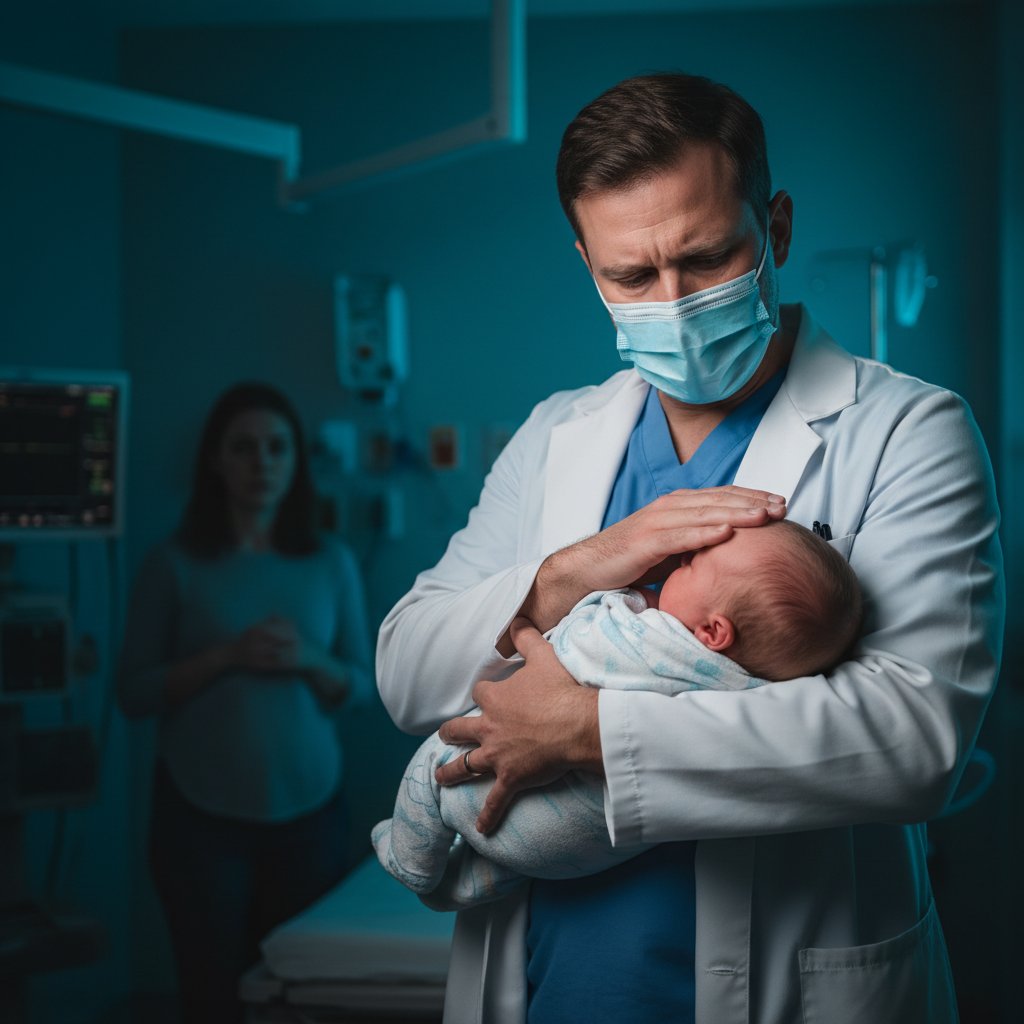 Zaniepokojony ojciec trzymający noworodka, podczas rozmowy z lekarzem o badaniach przesiewowych