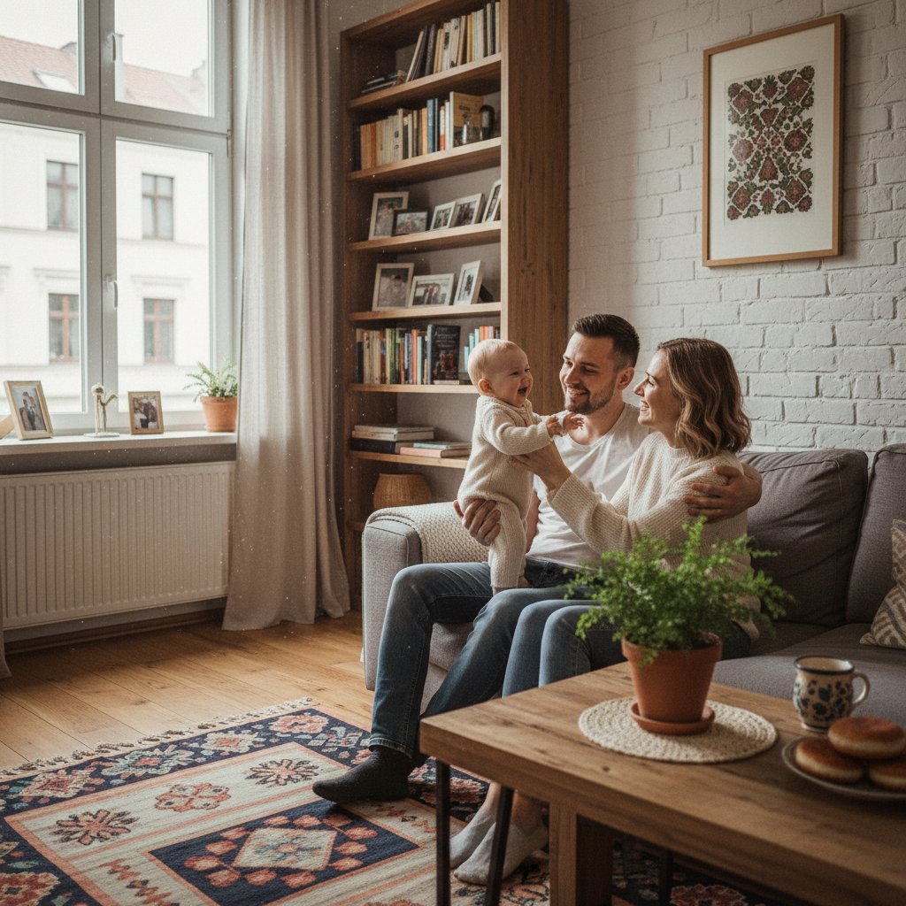 Mężczyzna i kobieta trzymający dziecko, oboje wyraźnie zamyśleni, wnętrze mieszkania, Polska
