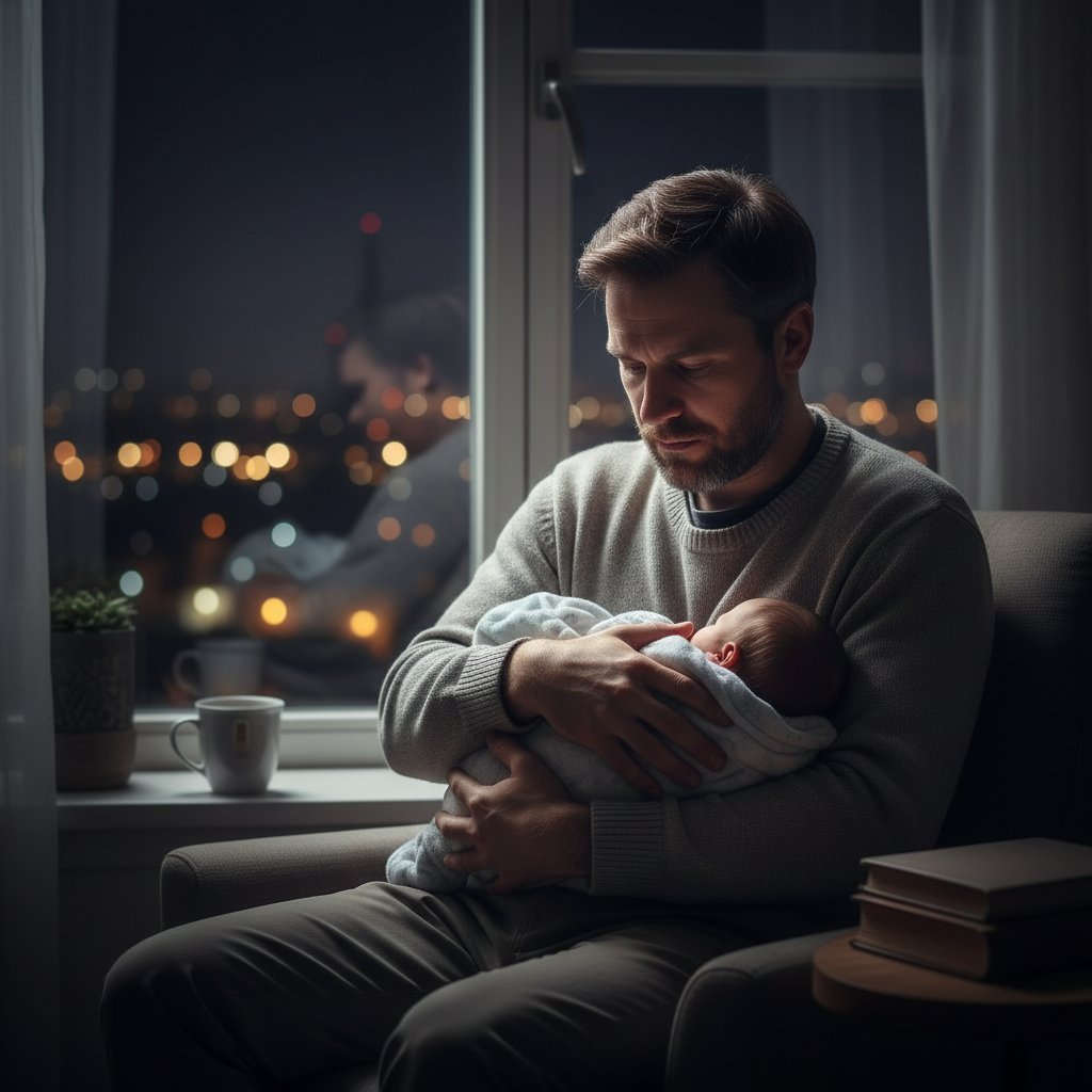 Ojciec z niemowlęciem doświadczający emocji po porodzie, baby blues u mężczyzn, zamyślony tata