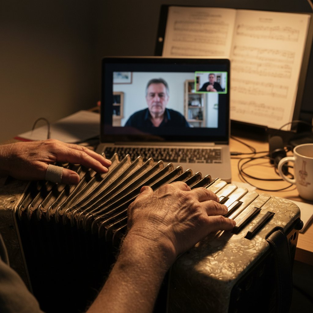 Zmęczone dłonie początkującego akordeonisty podczas lekcji online, nauka akordeonu online, ćwiczenia