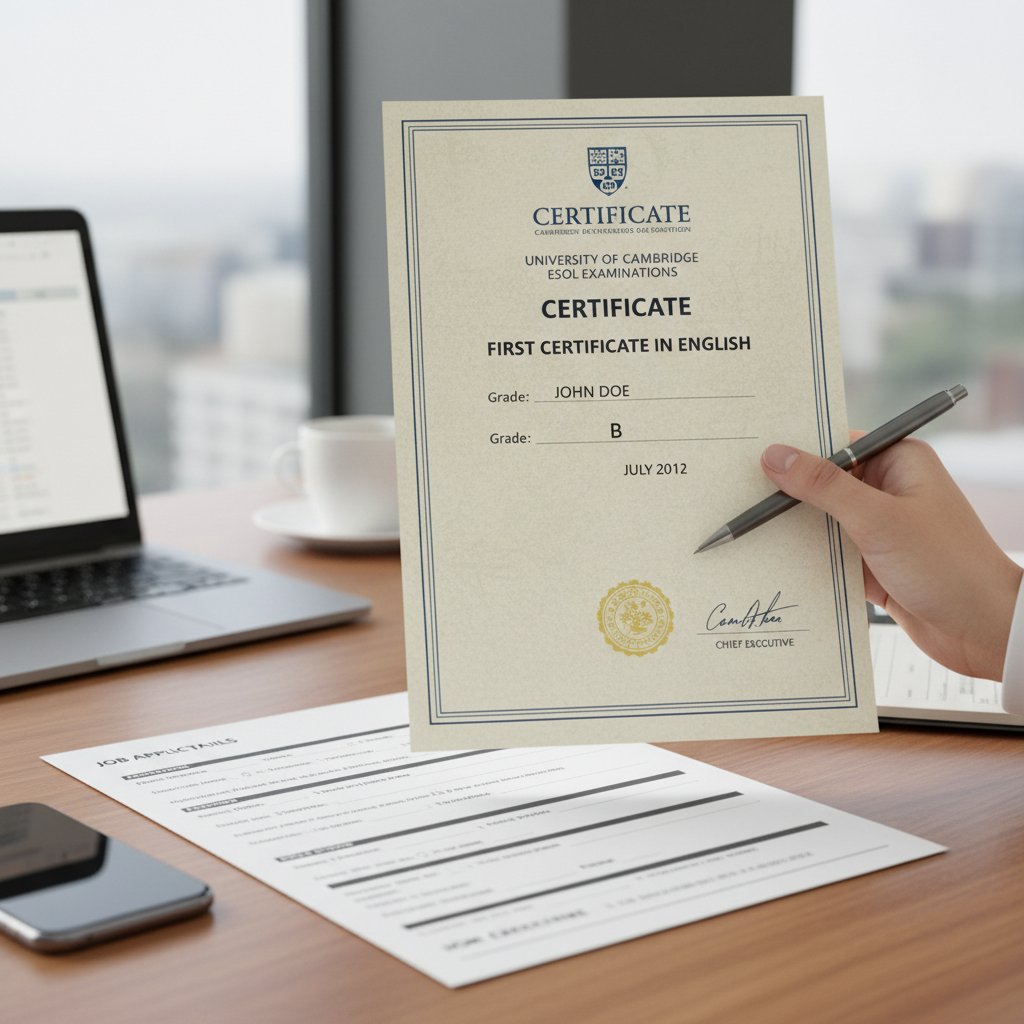 Certyfikat FCE na tle nowoczesnego biura, laptopa i dokumentów rekrutacyjnych