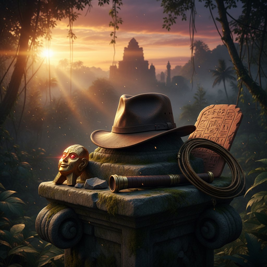 Powerful, symbolic shot of the iconic fedora resting on an ancient relic at sunrise. Fedora hat and ancient artifact bathed in dramatic morning light, indiana jones movies