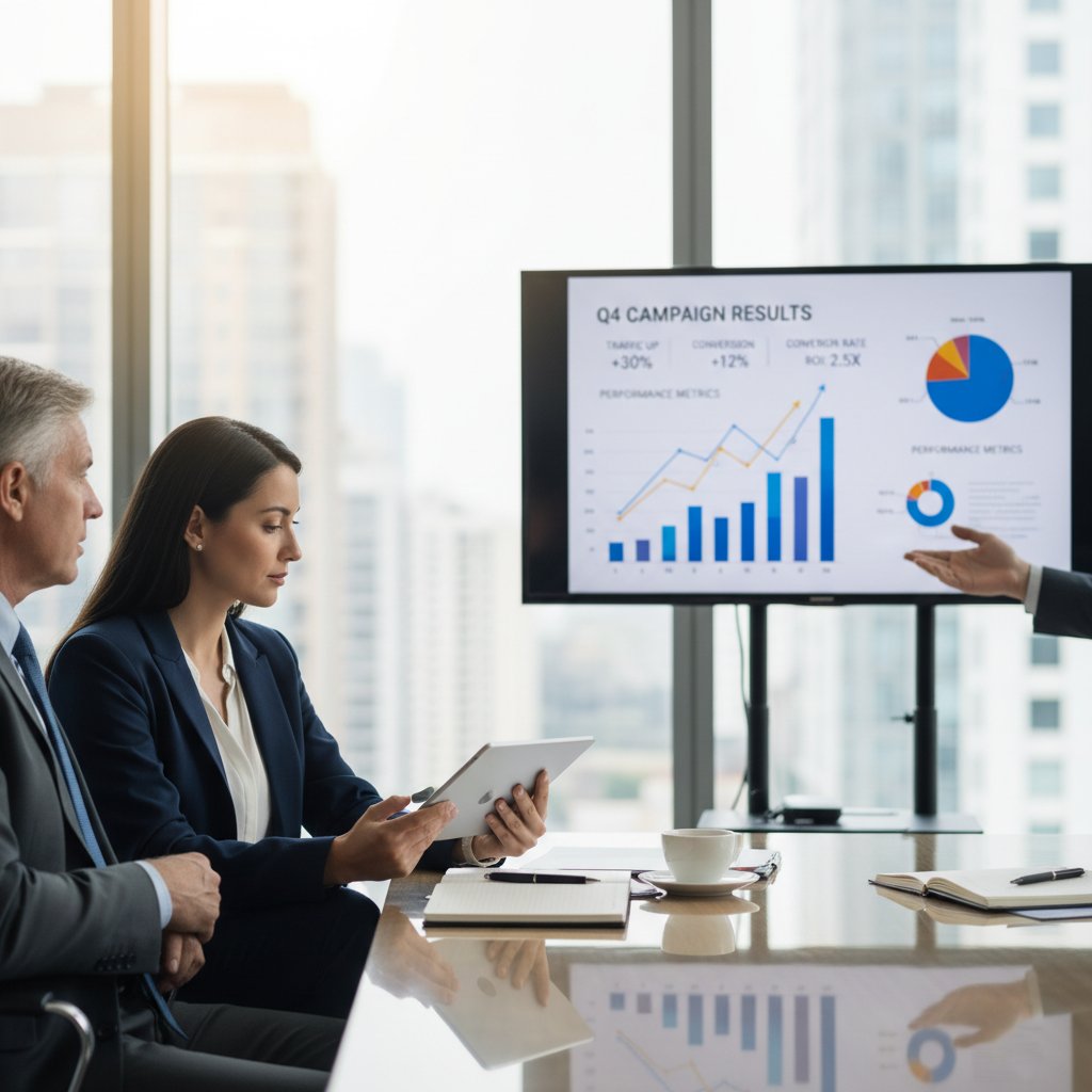 Spotkanie feedbackowe: właściciel firmy i doradca analizują wyniki kampanii