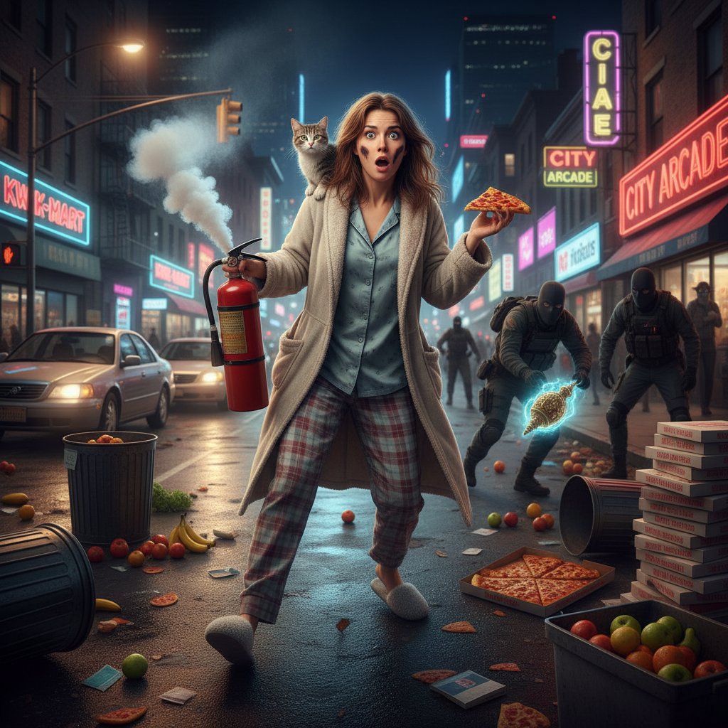 Female accidental hero in comedic action, urban nighttime, dynamic pose, movie accidental hero comedy