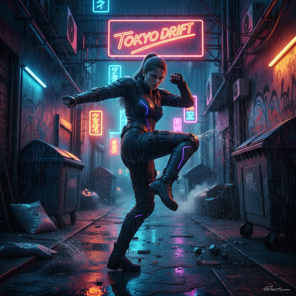 Female lead in action pose, mid-fight in neon-lit alley, fierce, sharp focus, dynamic lighting