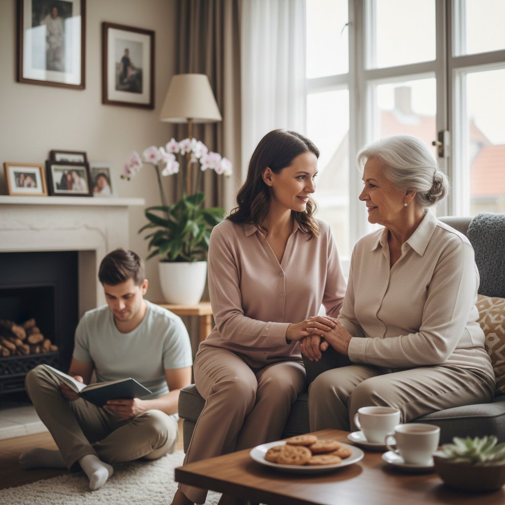 Córka opiekująca się starszą matką, codzienne wyzwania opiekuna